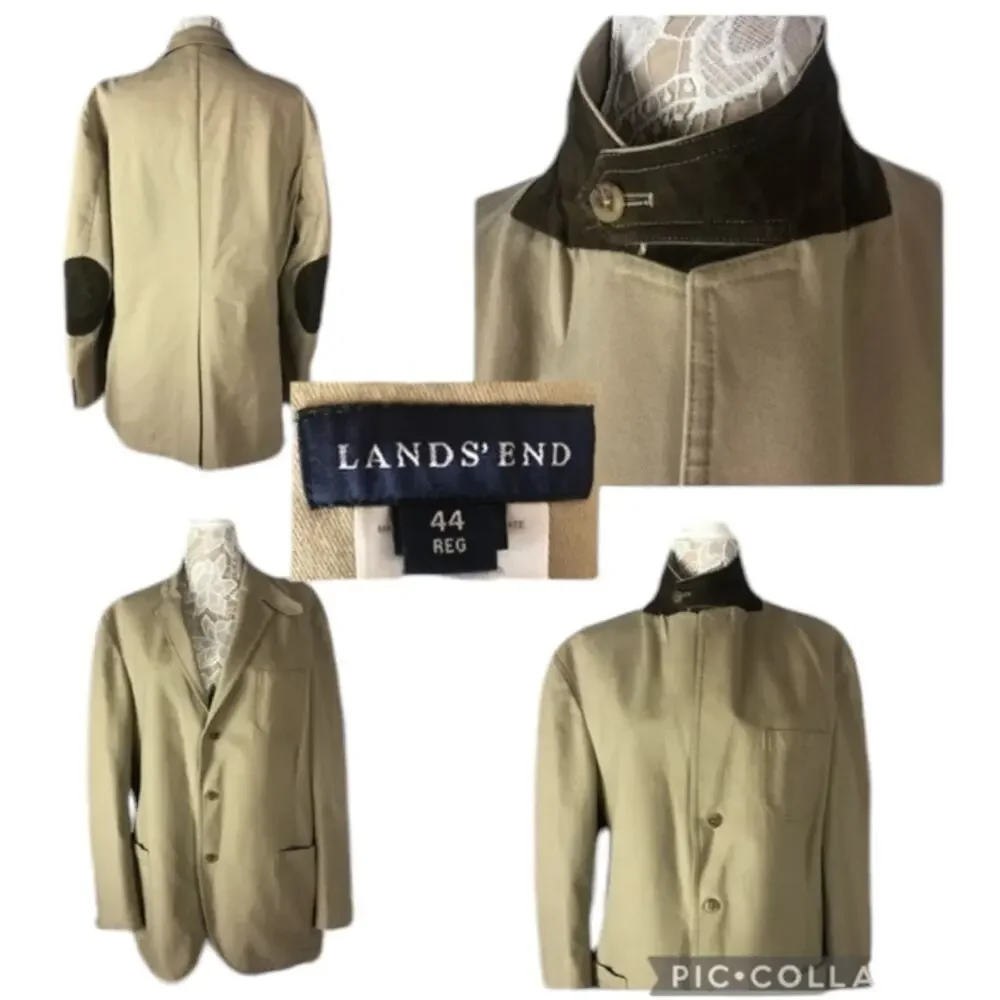 Barn coat stand collar patch elbow Khaki Lands' End 100% cotton 44 R